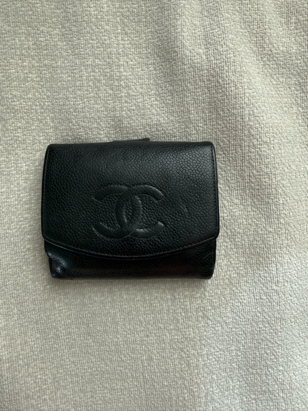CHANEL Black Caviar Leather Trifold Wallet with Embossed CC